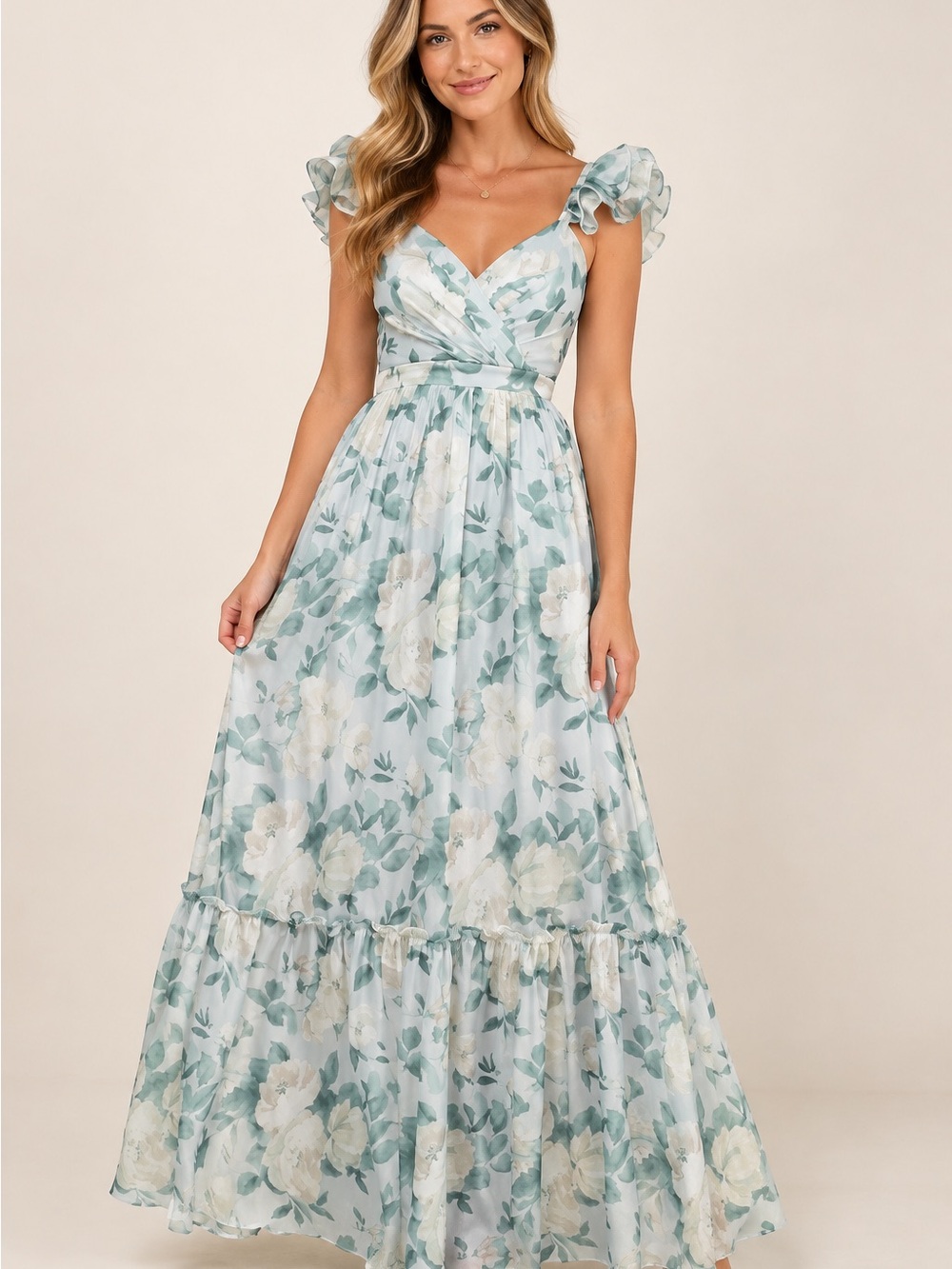 Lulus Soiree Perfection Light Blue Floral Ruffled Tiered Maxi Dress, Size XL